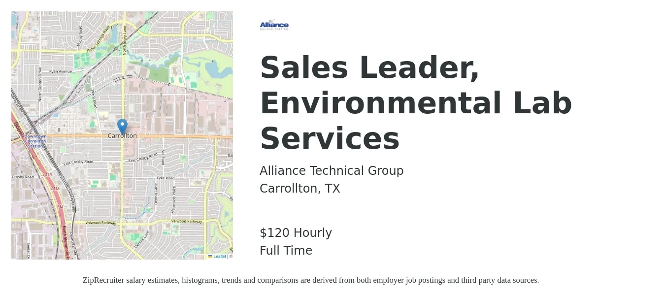Alliance Technical Group job posting for a Sales Leader, Environmental Lab Services in Carrollton, TX with a salary of $125 Hourly with a map of Carrollton location.
