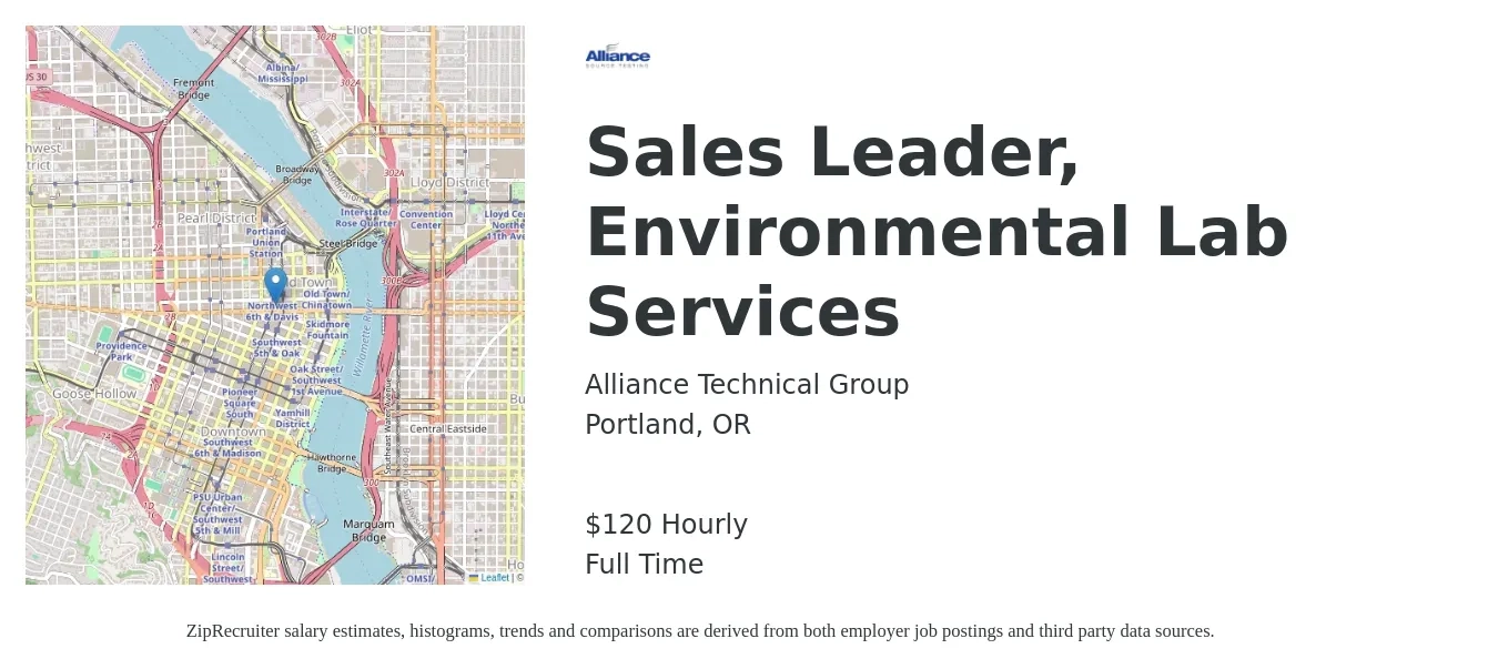 Alliance Technical Group job posting for a Sales Leader, Environmental Lab Services in Portland, OR with a salary of $125 Hourly with a map of Portland location.