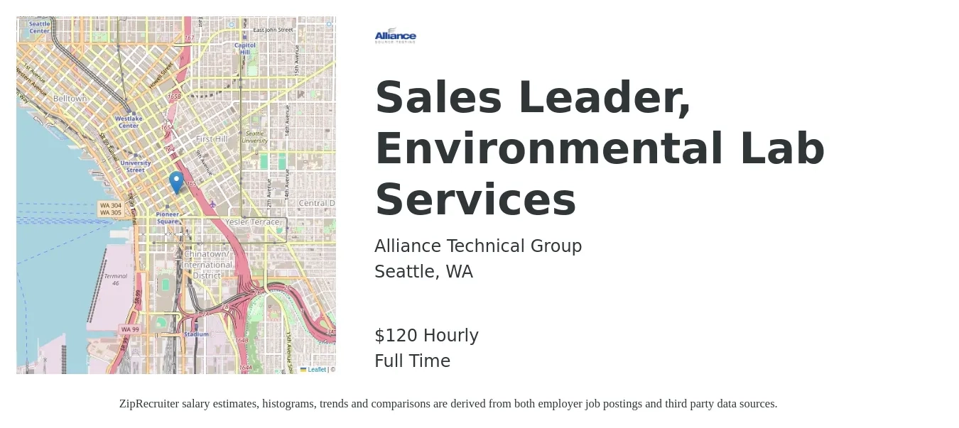 Alliance Technical Group job posting for a Sales Leader, Environmental Lab Services in Seattle, WA with a salary of $125 Hourly with a map of Seattle location.