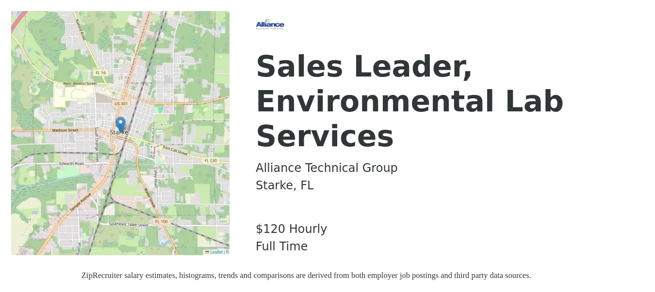 Alliance Technical Group job posting for a Sales Leader, Environmental Lab Services in Starke, FL with a salary of $125 Hourly with a map of Starke location.