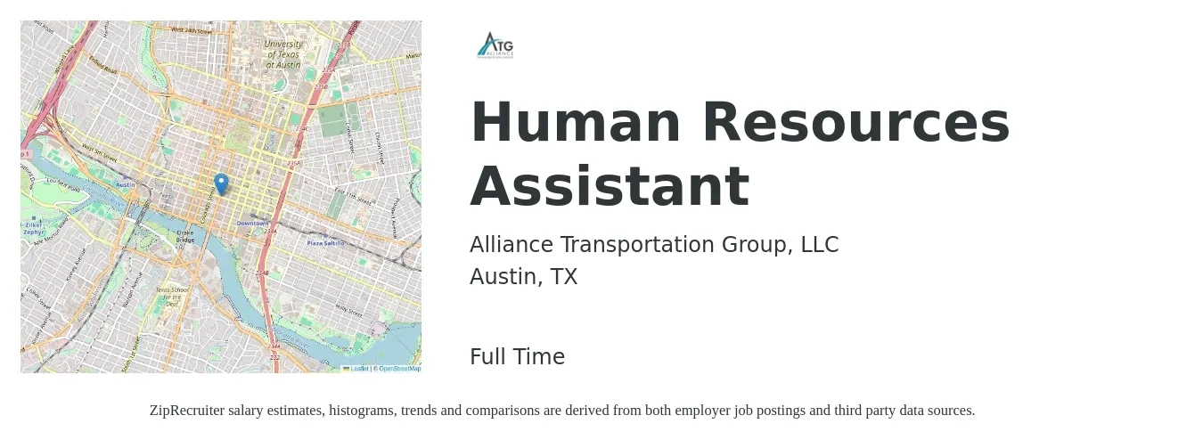 Alliance Transportation Group, LLC job posting for a Human Resources Assistant in Austin, TX with a salary of $36,500 to $46,800 Yearly with a map of Austin location.