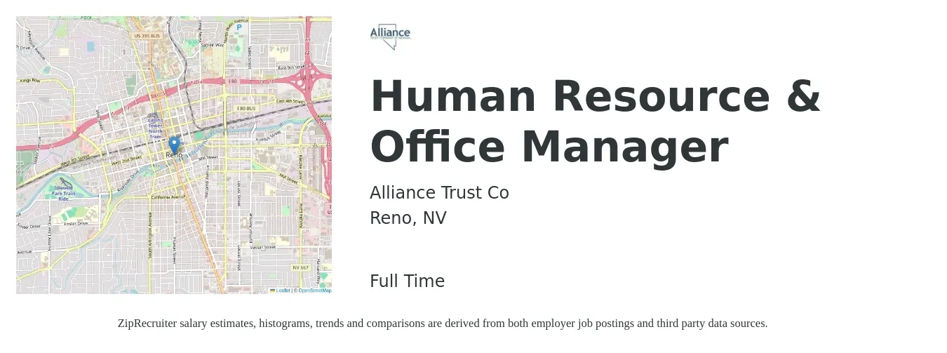 Alliance Trust Co job posting for a Human Resource & Office Manager in Reno, NV with a salary of $45,900 to $67,300 Yearly with a map of Reno location.