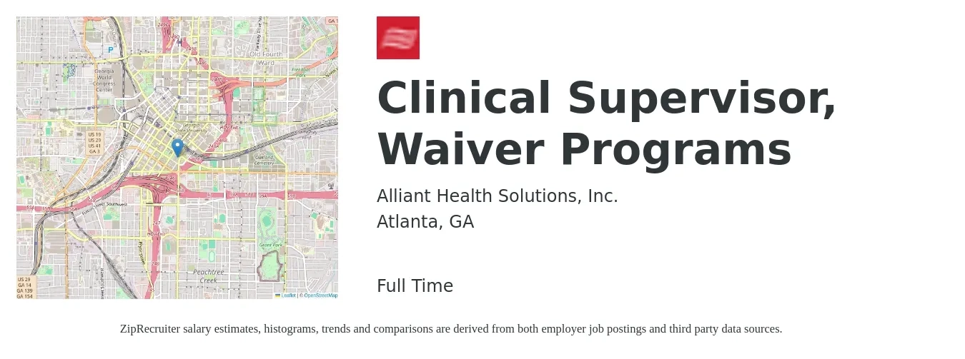 Alliant Health Solutions, Inc. job posting for a Clinical Supervisor, Waiver Programs in Atlanta, GA with a salary of $62,800 to $86,800 Yearly with a map of Atlanta location.
