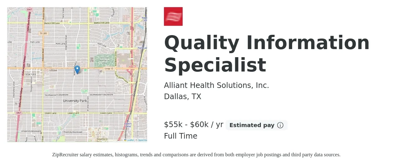 Alliant Health Solutions, Inc. job posting for a Quality Information Specialist in Dallas, TX with a salary of $55,000 to $60,000 Yearly with a map of Dallas location.