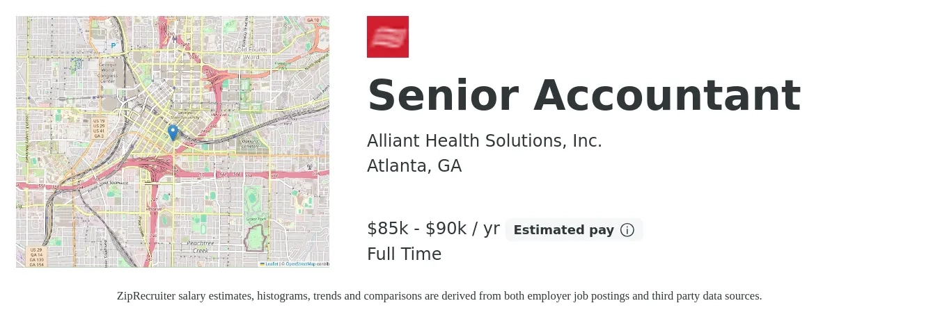 Alliant Health Solutions, Inc. job posting for a Senior Accountant in Atlanta, GA with a salary of $80,000 to $85,000 Yearly with a map of Atlanta location.