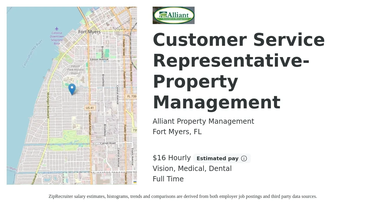 Alliant Property Management job posting for a Customer Service Representative-Property Management in Fort Myers, FL with a salary of $17 Hourly and benefits including dental, life_insurance, medical, retirement, and vision with a map of Fort Myers location.