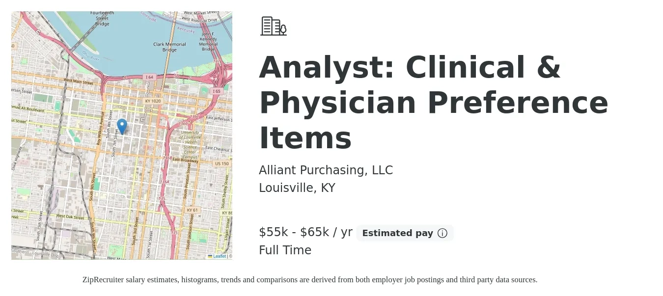 Alliant Purchasing, LLC job posting for a Product Specialist: Clinical/Physician Preference Items (Hybrid) in Louisville, KY with a salary of $55,000 to $65,000 Yearly with a map of Louisville location.