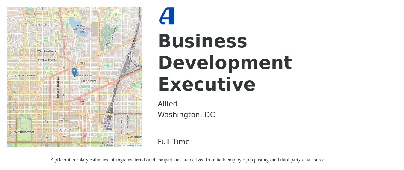Allied job posting for a Business Development Executive in Washington, DC with a salary of $71,400 to $113,300 Yearly with a map of Washington location.