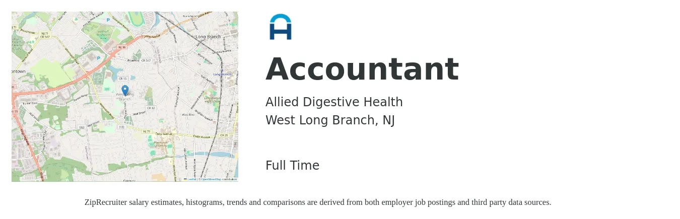 Allied Digestive Health job posting for a Accountant in West Long Branch, NJ with a salary of $50,100 to $69,100 Yearly with a map of West Long Branch location.