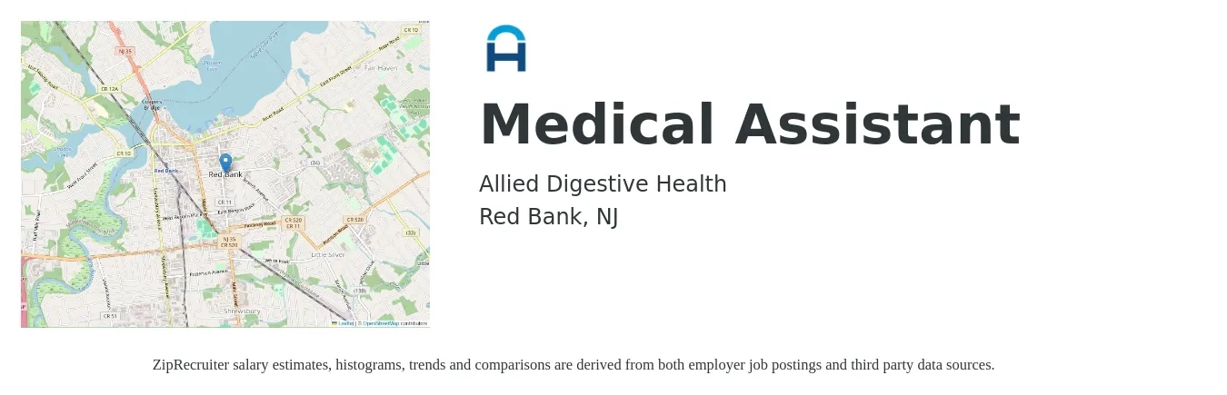 Allied Digestive Health job posting for a Medical Assistant in Red Bank, NJ with a salary of $18 to $23 Hourly with a map of Red Bank location.