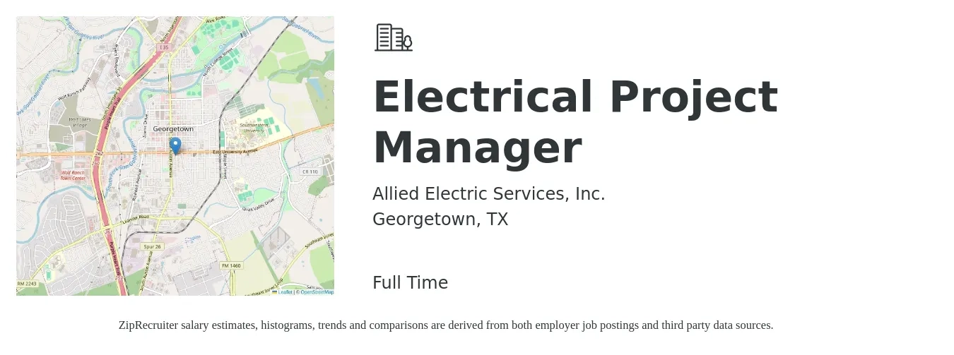 Allied Electric Services, Inc. job posting for a Electrical Project Manager in Georgetown, TX with a salary of $79,400 to $112,900 Yearly with a map of Georgetown location.