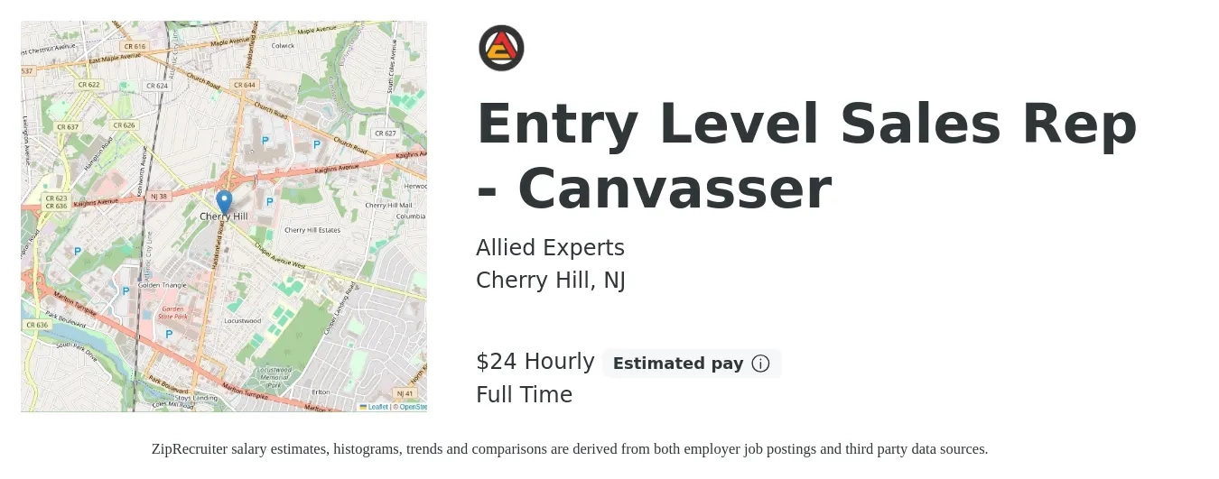 Allied Experts job posting for a Entry Level Sales Rep - Canvasser in Cherry Hill, NJ with a salary of $70,000 Yearly with a map of Cherry Hill location.