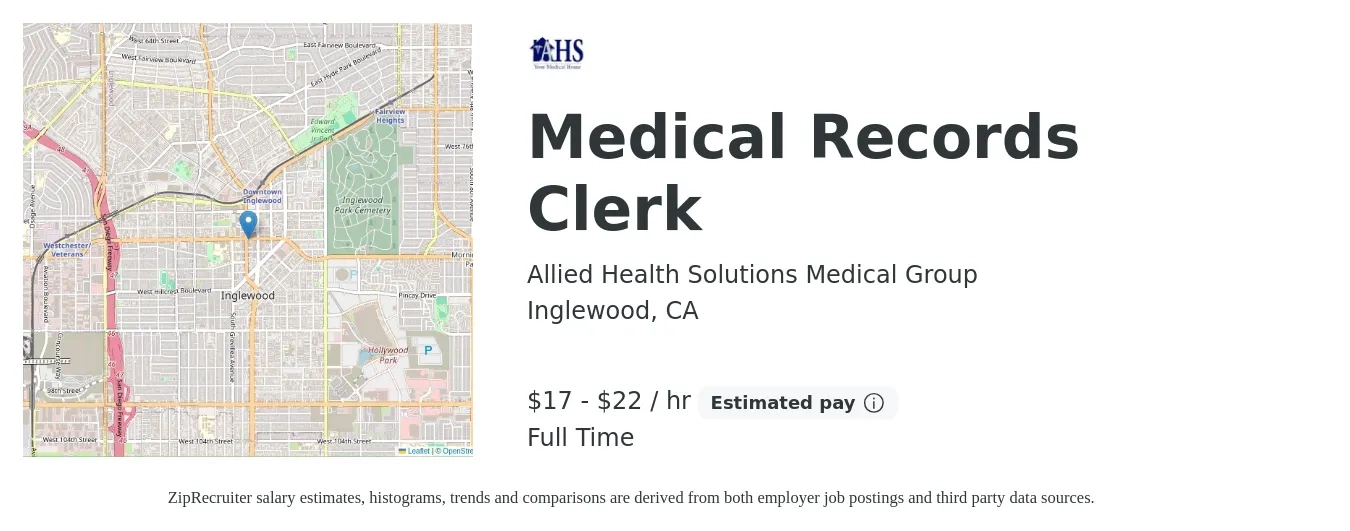 Allied Health Solutions Medical Group job posting for a Medical Records Clerk in Inglewood, CA with a salary of $18 to $23 Hourly with a map of Inglewood location.