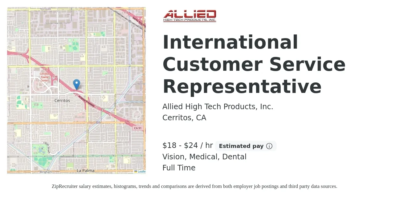 Allied High Tech Products, Inc. job posting for a International Customer Service Representative in Cerritos, CA with a salary of $19 to $25 Hourly and benefits including retirement, vision, dental, life_insurance, medical, and pto with a map of Cerritos location.