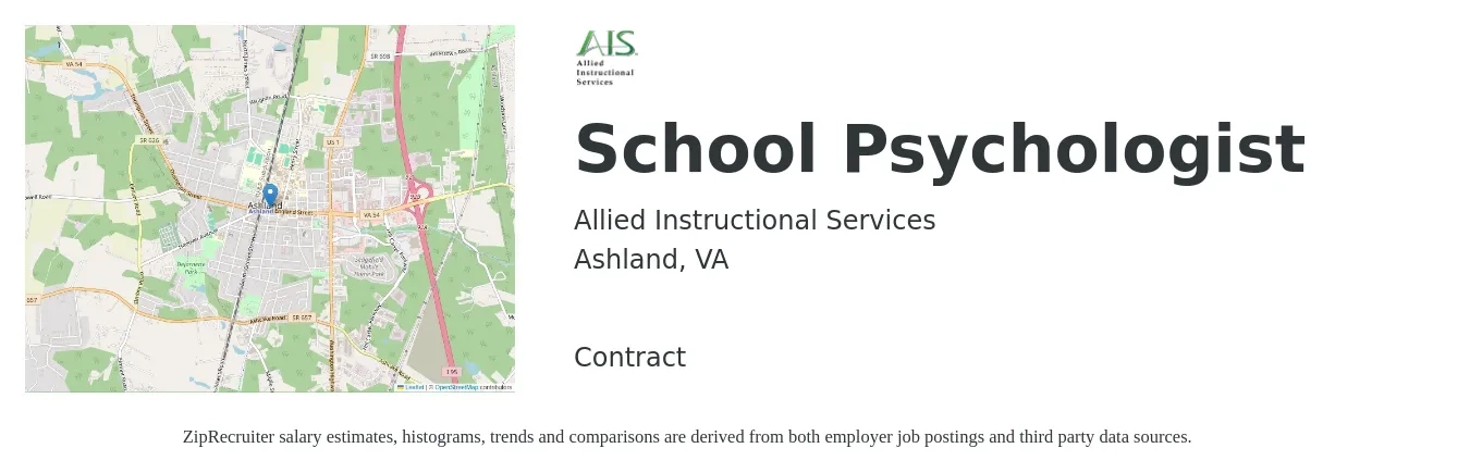 Allied Instructional Services job posting for a School Psychologist in Ashland, VA with a salary of $62,400 to $109,700 Yearly with a map of Ashland location.