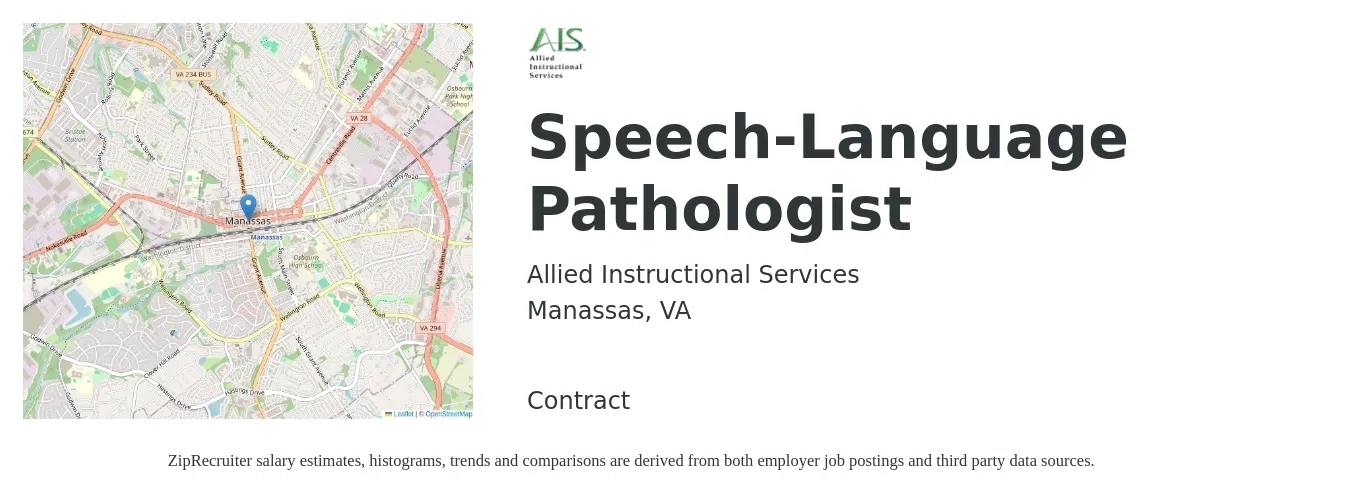 Allied Instructional Services job posting for a Speech-Language Pathologist in Manassas, VA with a salary of $45 to $58 Hourly with a map of Manassas location.