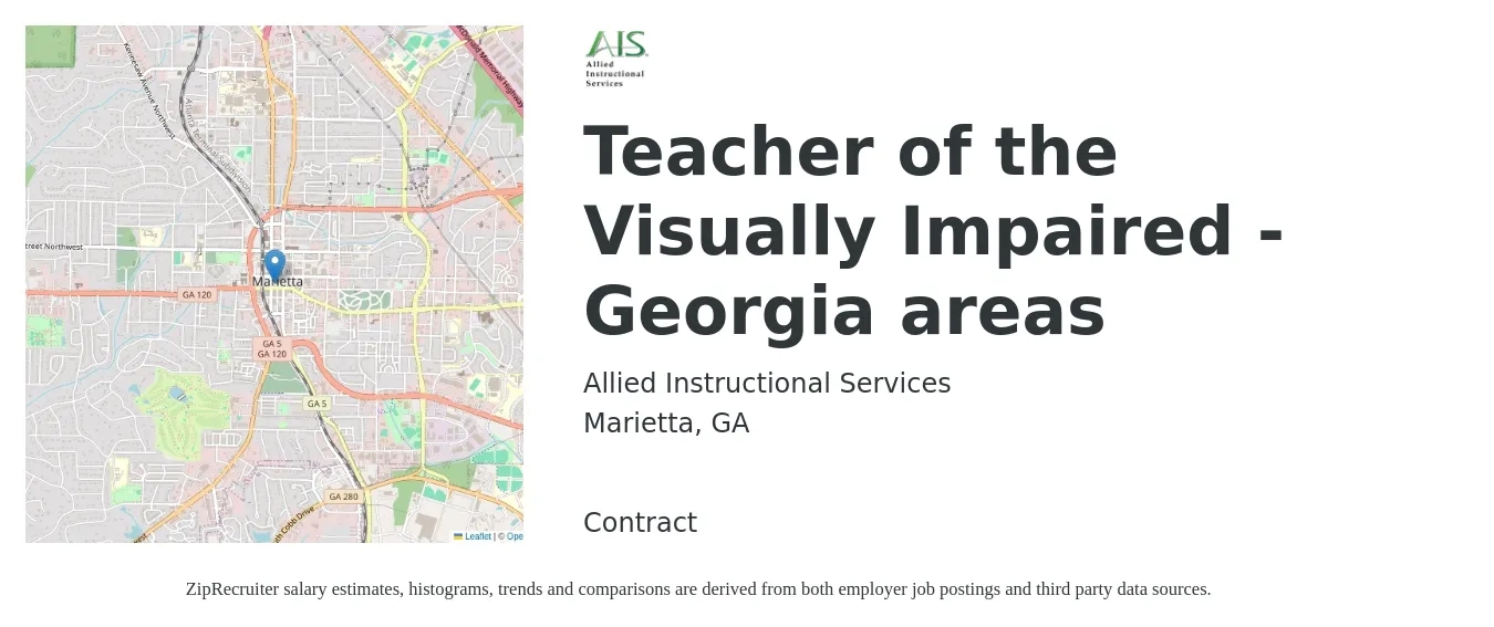 Allied Instructional Services job posting for a Teacher of the Visually Impaired - Georgia areas in Marietta, GA with a salary of $45 to $60 Hourly with a map of Marietta location.