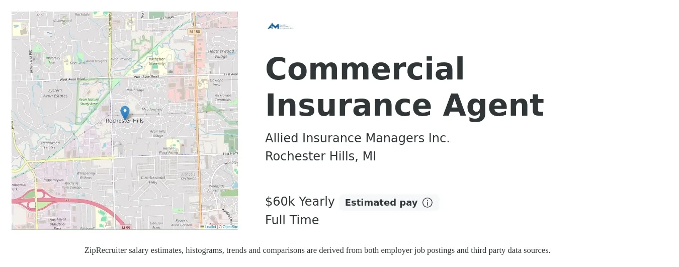 Allied Insurance Managers Inc. job posting for a Commercial Insurance Agent in Rochester Hills, MI with a salary of $60,000 Yearly with a map of Rochester Hills location.