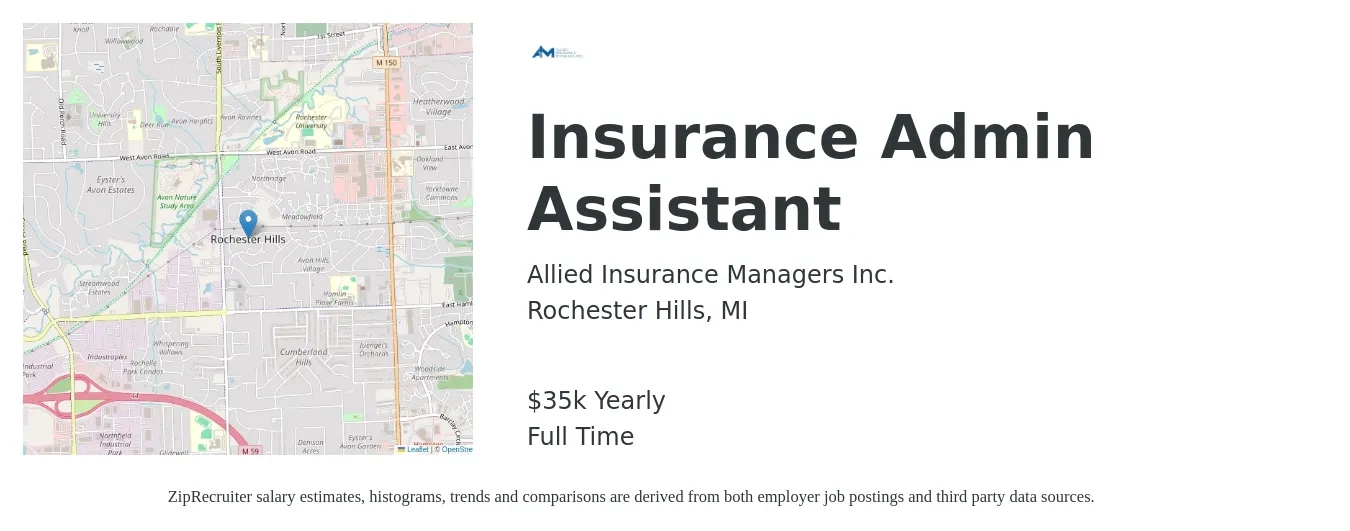 Allied Insurance Managers Inc. job posting for a Insurance Admin Assistant in Rochester Hills, MI with a salary of $35,500 Yearly with a map of Rochester Hills location.