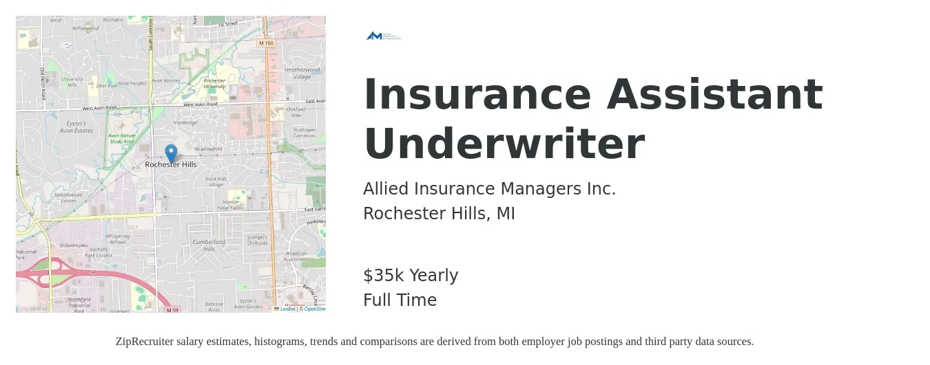 Allied Insurance Managers Inc. job posting for a Insurance Assistant Underwriter in Rochester Hills, MI with a salary of $35,000 Yearly with a map of Rochester Hills location.