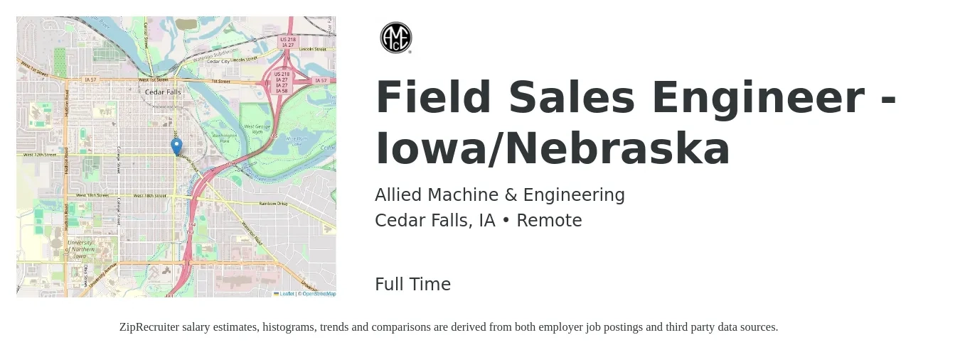 Allied Machine & Engineering job posting for a Field Sales Engineer - Iowa/Nebraska in Cedar Falls, IA with a salary of $68,800 to $107,400 Yearly with a map of Cedar Falls location.