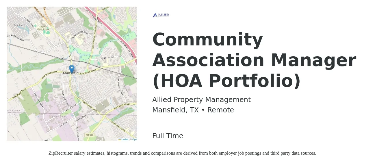 Allied Property Management job posting for a Community Association Manager (HOA Portfolio) in Mansfield, TX with a salary of $49,300 to $62,300 Yearly with a map of Mansfield location.