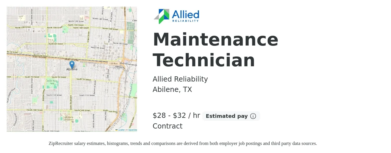 Allied Reliability job posting for a Maintenance Technician in Abilene, TX with a salary of $30 to $34 Hourly with a map of Abilene location.