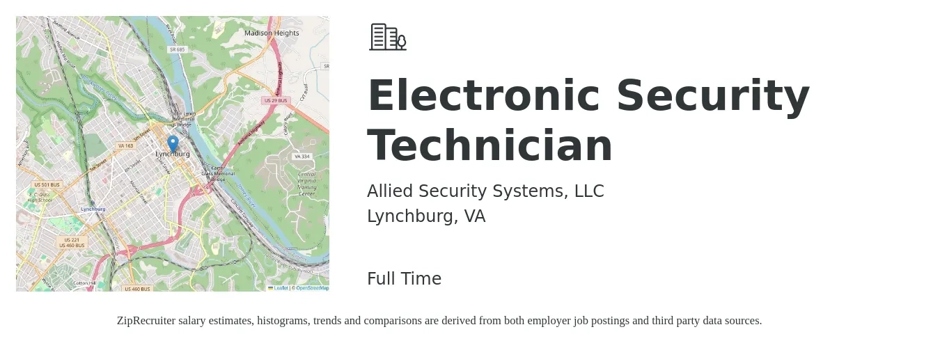 Allied Security Systems, LLC job posting for a Electronic Security Technician in Lynchburg, VA with a salary of $23 to $32 Hourly with a map of Lynchburg location.