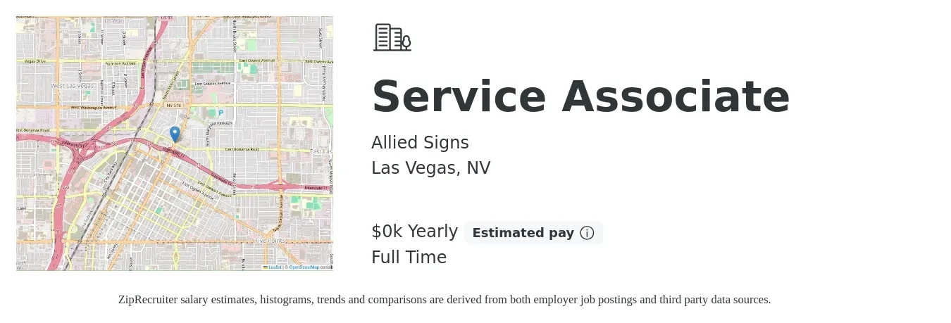 Allied Signs job posting for a Service Associate in Las Vegas, NV with a salary of $19 to $25 Yearly with a map of Las Vegas location.