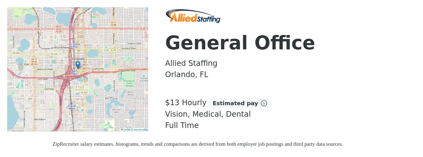 Allied Staffing job posting for a General Office in Orlando, FL with a salary of $14 Hourly and benefits including dental, life_insurance, medical, pto, retirement, and vision with a map of Orlando location.