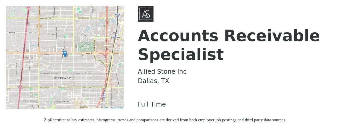 Allied Stone Inc job posting for a Accounts Receivable Specialist in Dallas, TX with a salary of $20 to $26 Hourly with a map of Dallas location.