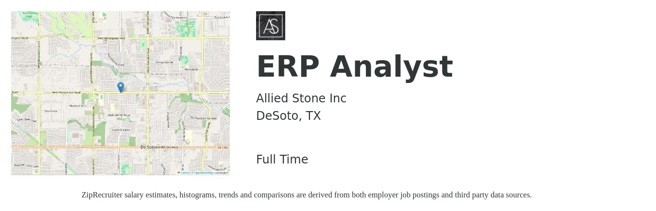 Allied Stone Inc job posting for a ERP Analyst in DeSoto, TX with a salary of $37 to $76 Hourly with a map of DeSoto location.