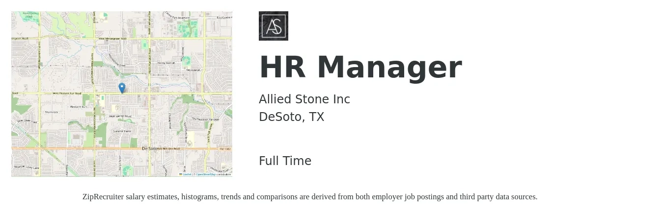 Allied Stone Inc job posting for a HR Manager in DeSoto, TX with a salary of $67,500 to $97,900 Yearly with a map of DeSoto location.