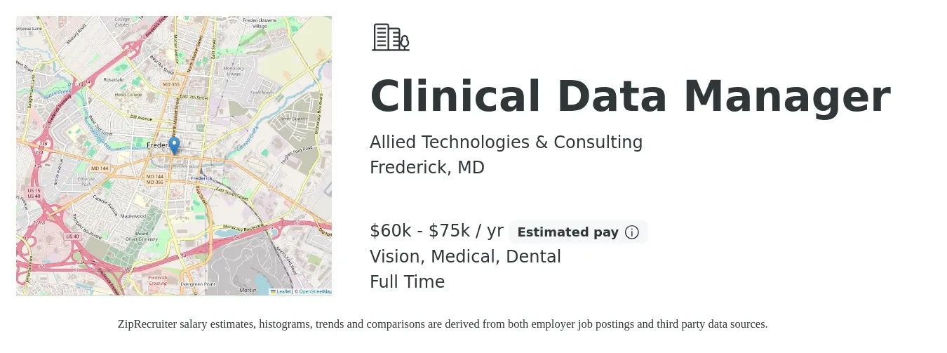 Allied Technologies & Consulting job posting for a Clinical Data Manager in Frederick, MD with a salary of $60,000 to $75,000 Yearly and benefits including vision, dental, life_insurance, medical, and retirement with a map of Frederick location.