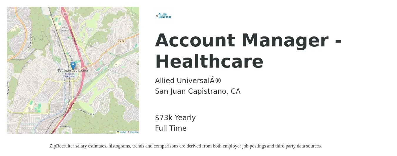 Allied Universal® job posting for a Account Manager - Healthcare in San Juan Capistrano, CA with a salary of $73,840 Yearly with a map of San Juan Capistrano location.
