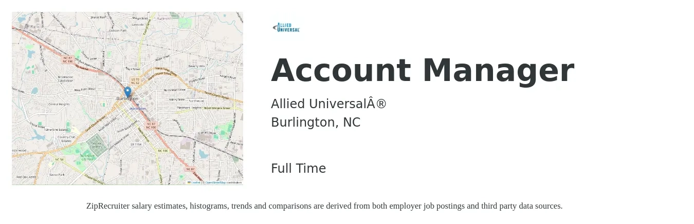 Allied Universal® job posting for a Account Manager in Burlington, NC with a salary of $40,100 to $65,500 Yearly with a map of Burlington location.