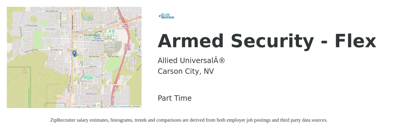 Allied Universal job posting for a Armed Security - Flex in Carson City, NV with a salary of $17 to $22 Hourly with a map of Carson City location.