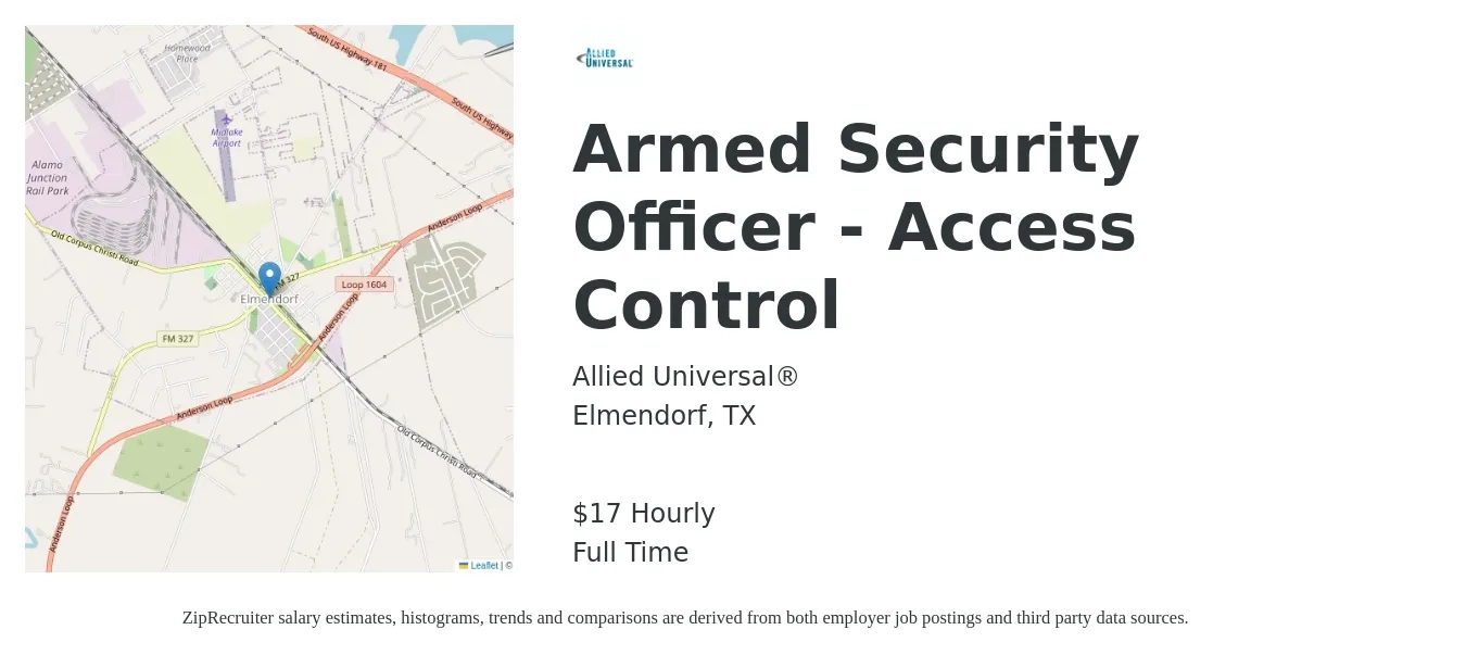 Allied Universal® job posting for a Armed Security Officer - Access Control in Elmendorf, TX with a salary of $18 Hourly with a map of Elmendorf location.