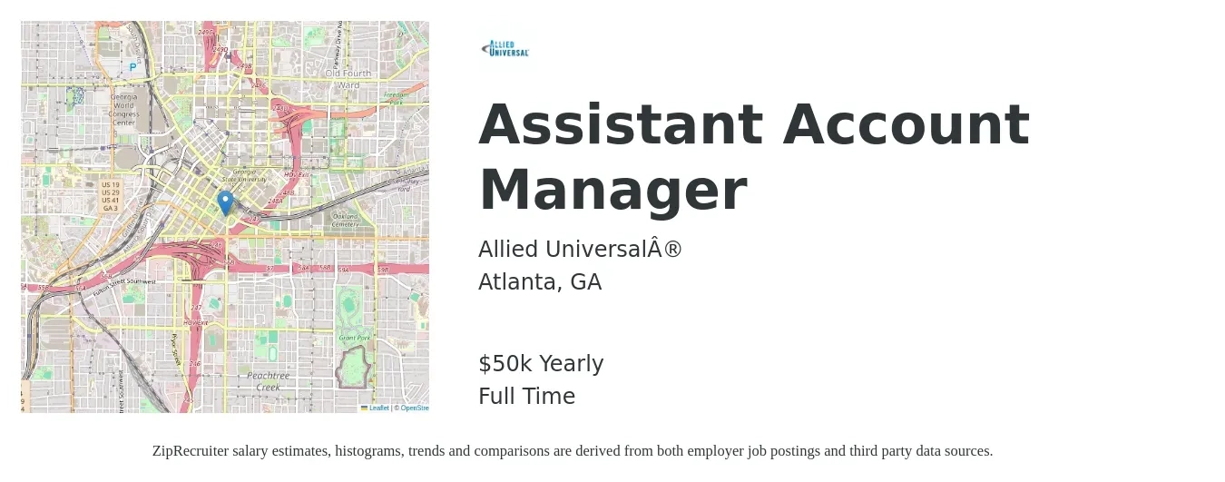 Allied Universal® job posting for a Assistant Account Manager in Atlanta, GA with a salary of $50,000 Yearly with a map of Atlanta location.
