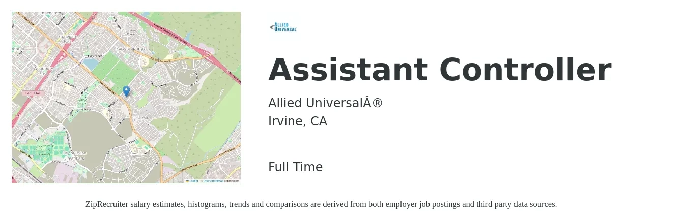 Allied Universal job posting for a Assistant Controller in Irvine, CA with a salary of $88,600 to $126,200 Yearly with a map of Irvine location.