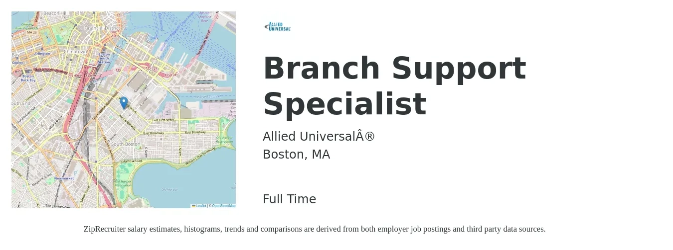 Allied Universal® job posting for a Branch Support Specialist in Boston, MA with a salary of $21 to $27 Hourly with a map of Boston location.
