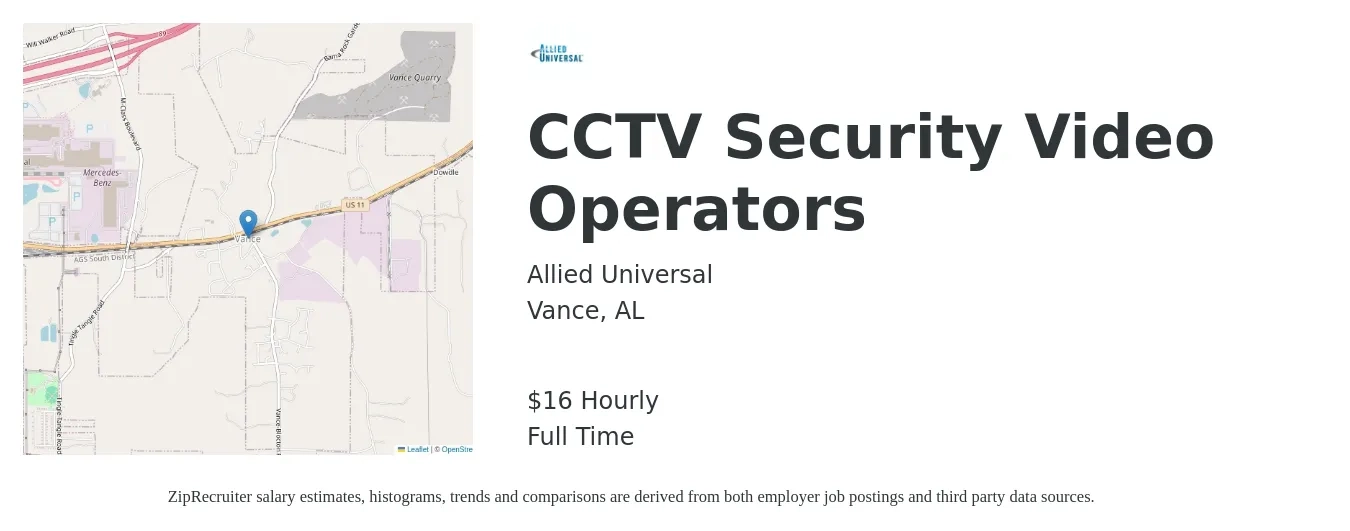 Allied Universal job posting for a CCTV Security Video Operators in Vance, AL with a salary of $17 Hourly with a map of Vance location.