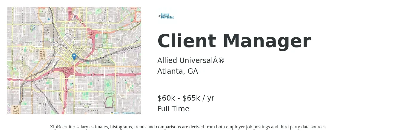 Allied Universal® job posting for a Client Manager in Atlanta, GA with a salary of $60,000 to $65,000 Yearly with a map of Atlanta location.