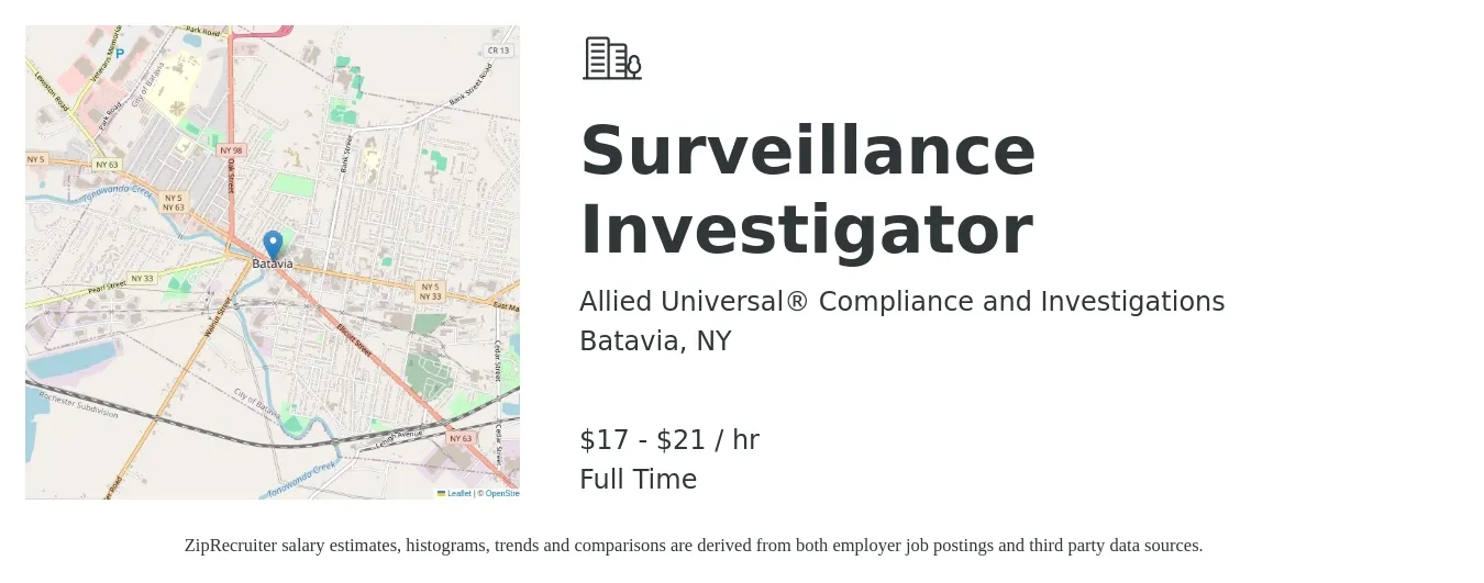 Allied Universal® Compliance and Investigations job posting for a Surveillance Investigator in Batavia, NY with a salary of $18 to $22 Hourly with a map of Batavia location.