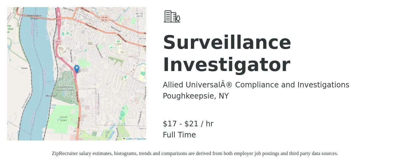 Allied Universal® Compliance and Investigations job posting for a Surveillance Investigator in Poughkeepsie, NY with a salary of $18 to $22 Hourly with a map of Poughkeepsie location.