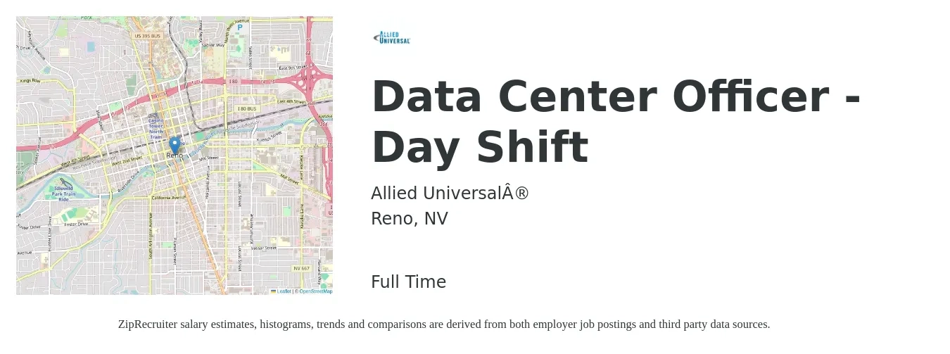 Allied Universal® job posting for a Data Center Officer - Day Shift in Reno, NV with a salary of $16 to $19 Hourly with a map of Reno location.