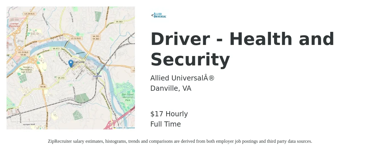 Allied Universal job posting for a Driver - Health and Security in Danville, VA with a salary of $18 Hourly with a map of Danville location.