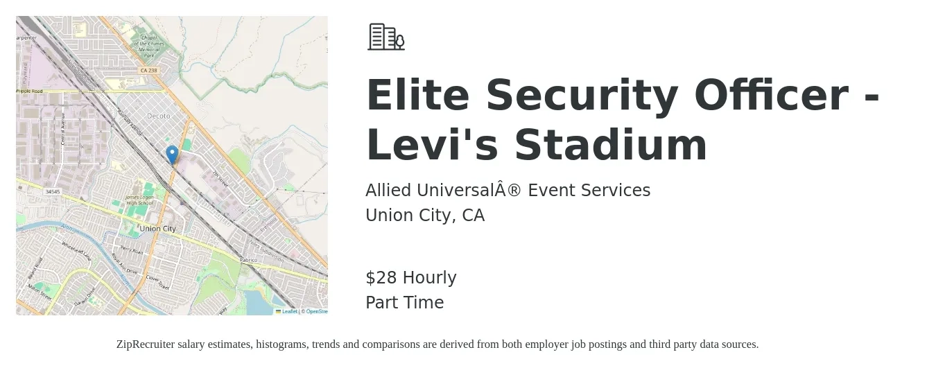 Allied Universal® Event Services job posting for a Elite Security Officer - Levi's Stadium in Union City, CA with a salary of $30 Hourly with a map of Union City location.