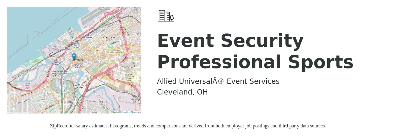 Allied Universal® Event Services job posting for a Event Security Professional Sports in Cleveland, OH with a salary of $16 to $20 Hourly with a map of Cleveland location.