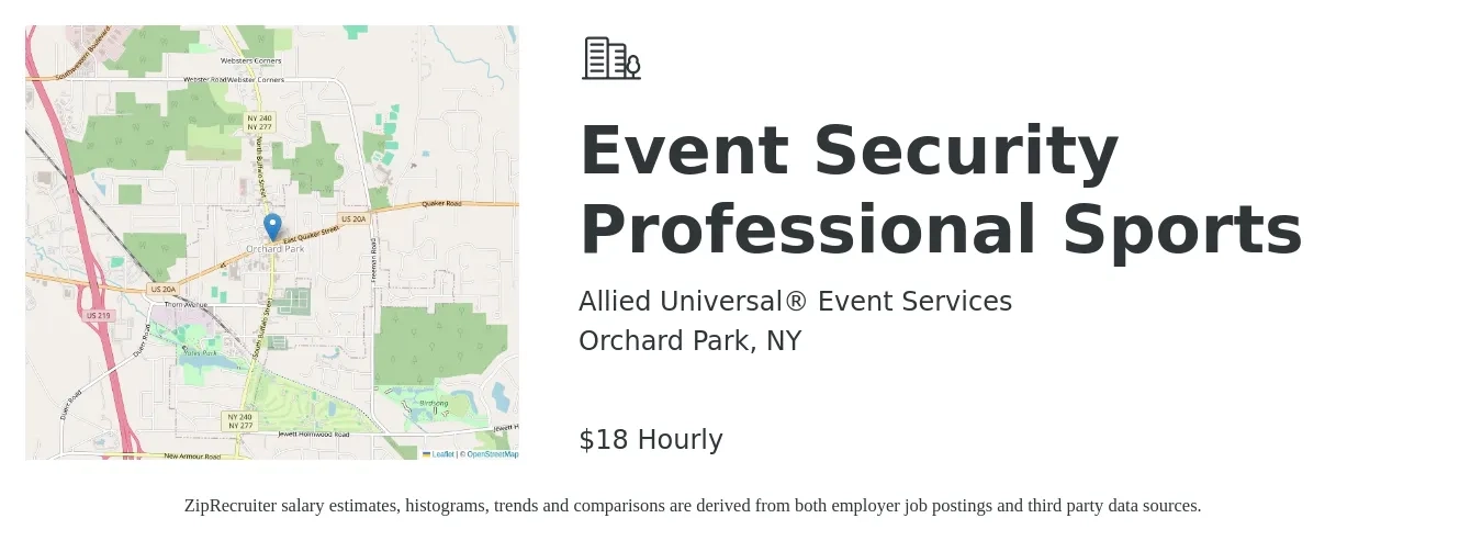 Allied Universal® Event Services job posting for a Event Security Professional Sports in Orchard Park, NY with a salary of $19 Hourly with a map of Orchard Park location.